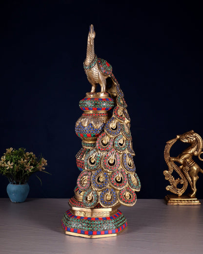 Large brass Peacock Showpiece with ring stonework - 20 Inch - Budhshiv.com