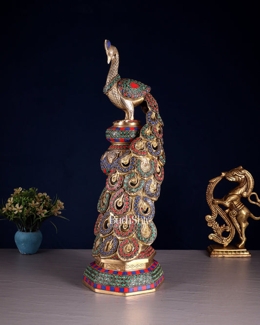 Large brass Peacock Showpiece with ring stonework - 20 Inch - Budhshiv.com