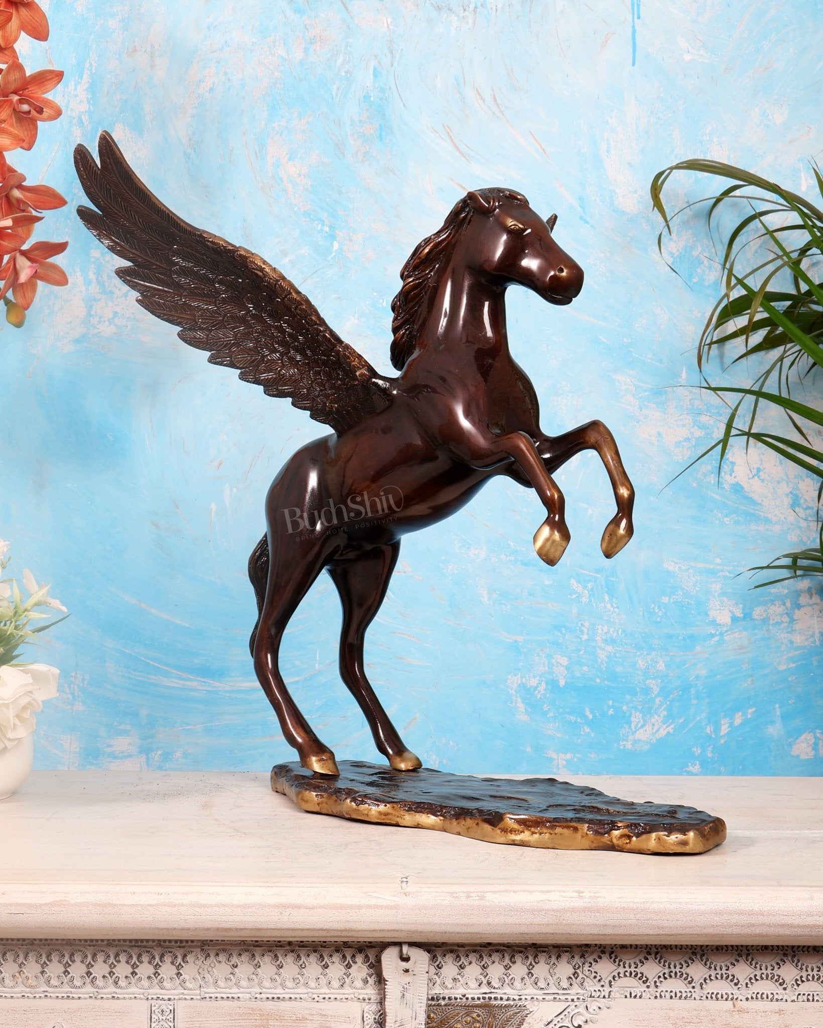 Large Brass Pegasus Flying Horse Sculpture – Grape tone Mythological Decor Artefact 16.5" - Budhshiv.com