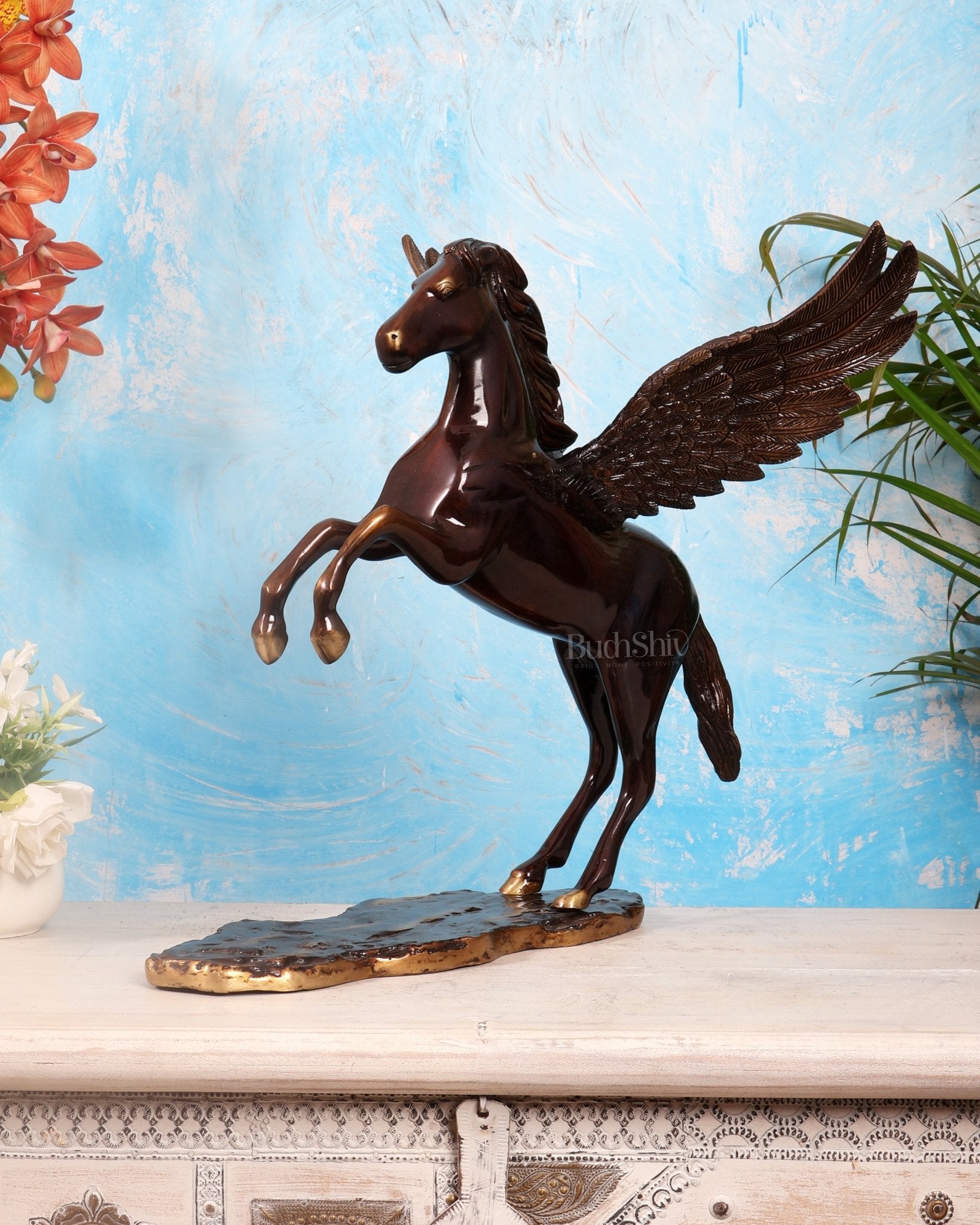 Large Brass Pegasus Flying Horse Sculpture – Grape tone Mythological Decor Artefact 16.5" - Budhshiv.com