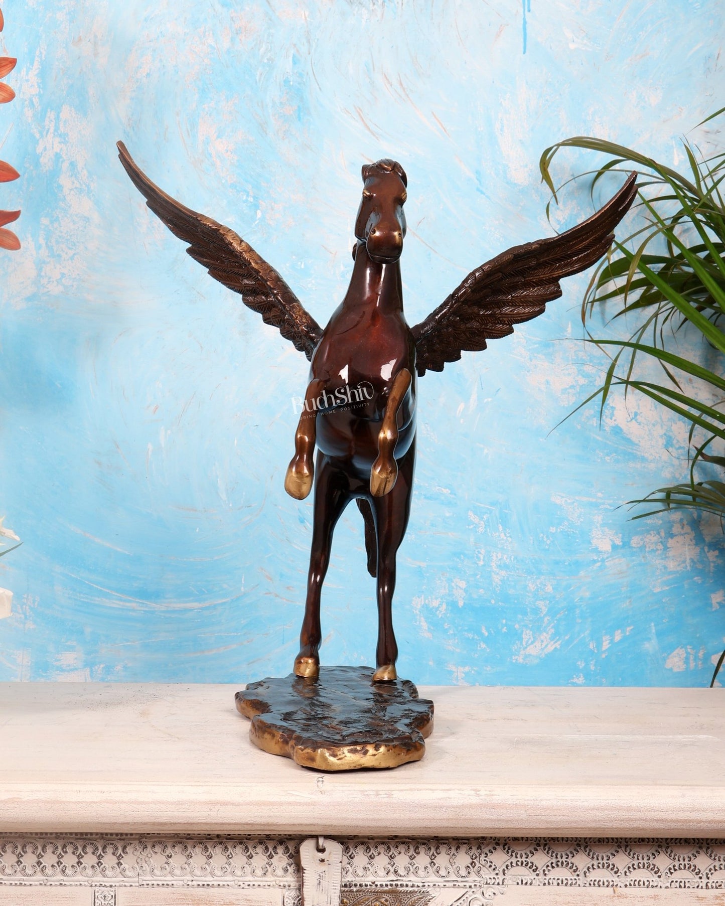 Large Brass Pegasus Flying Horse Sculpture – Grape tone Mythological Decor Artefact 16.5" - Budhshiv.com