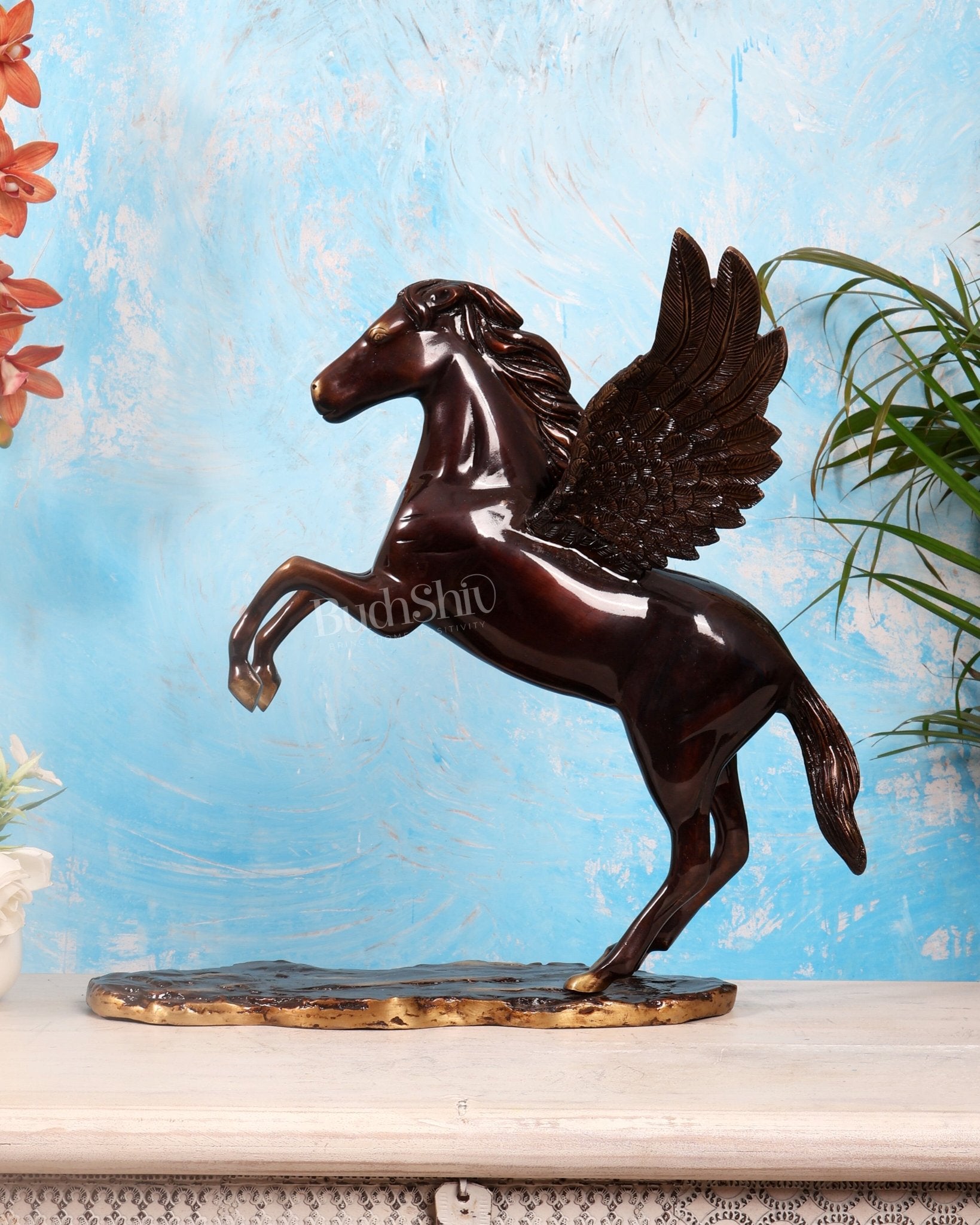 Large Brass Pegasus Flying Horse Sculpture – Grape tone Mythological Decor Artefact 16.5" - Budhshiv.com