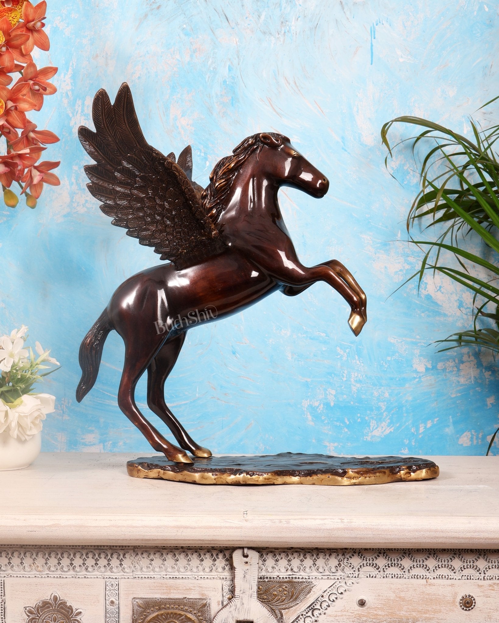 Large Brass Pegasus Flying Horse Sculpture – Grape tone Mythological Decor Artefact 16.5" - Budhshiv.com