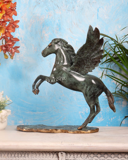 Large Brass Pegasus Flying Horse Sculpture – Green Patina Mythological Decor Artefact 16.5" - Budhshiv.com