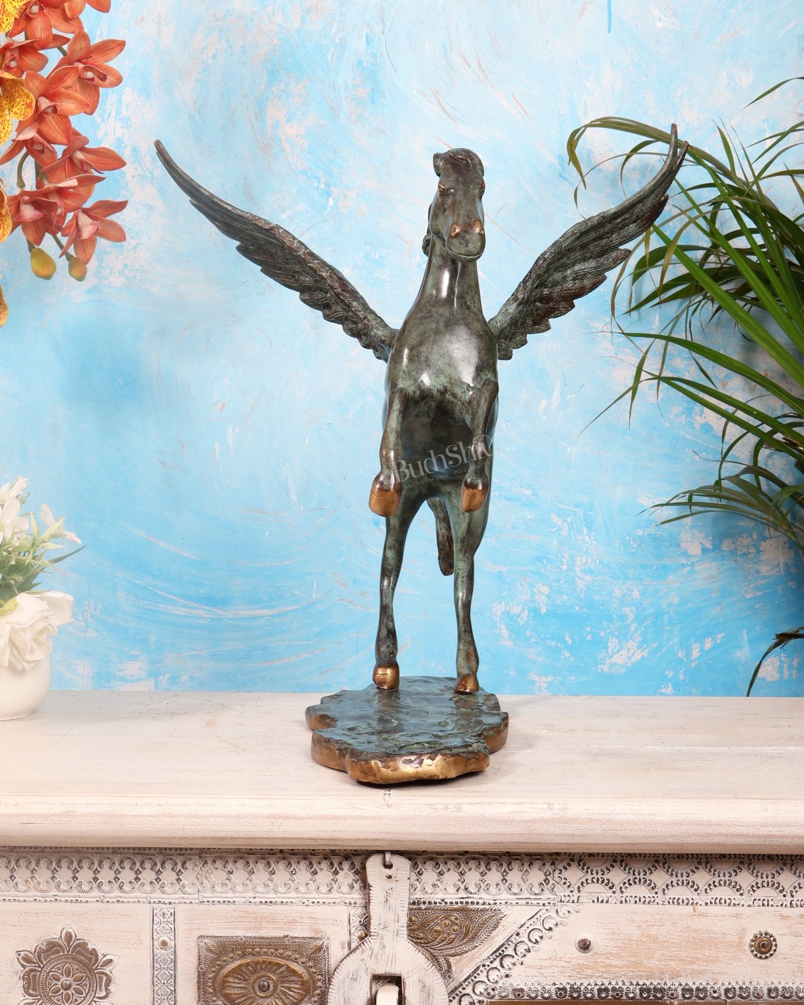 Large Brass Pegasus Flying Horse Sculpture – Green Patina Mythological Decor Artefact 16.5" - Budhshiv.com