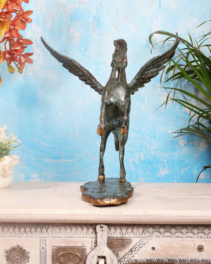 Large Brass Pegasus Flying Horse Sculpture – Green Patina Mythological Decor Artefact 16.5" - Budhshiv.com