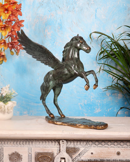 Large Brass Pegasus Flying Horse Sculpture – Green Patina Mythological Decor Artefact 16.5" - Budhshiv.com
