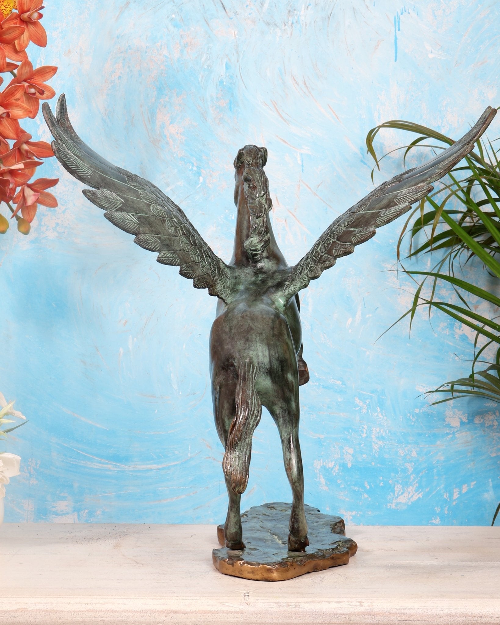 Large Brass Pegasus Flying Horse Sculpture – Green Patina Mythological Decor Artefact 16.5" - Budhshiv.com