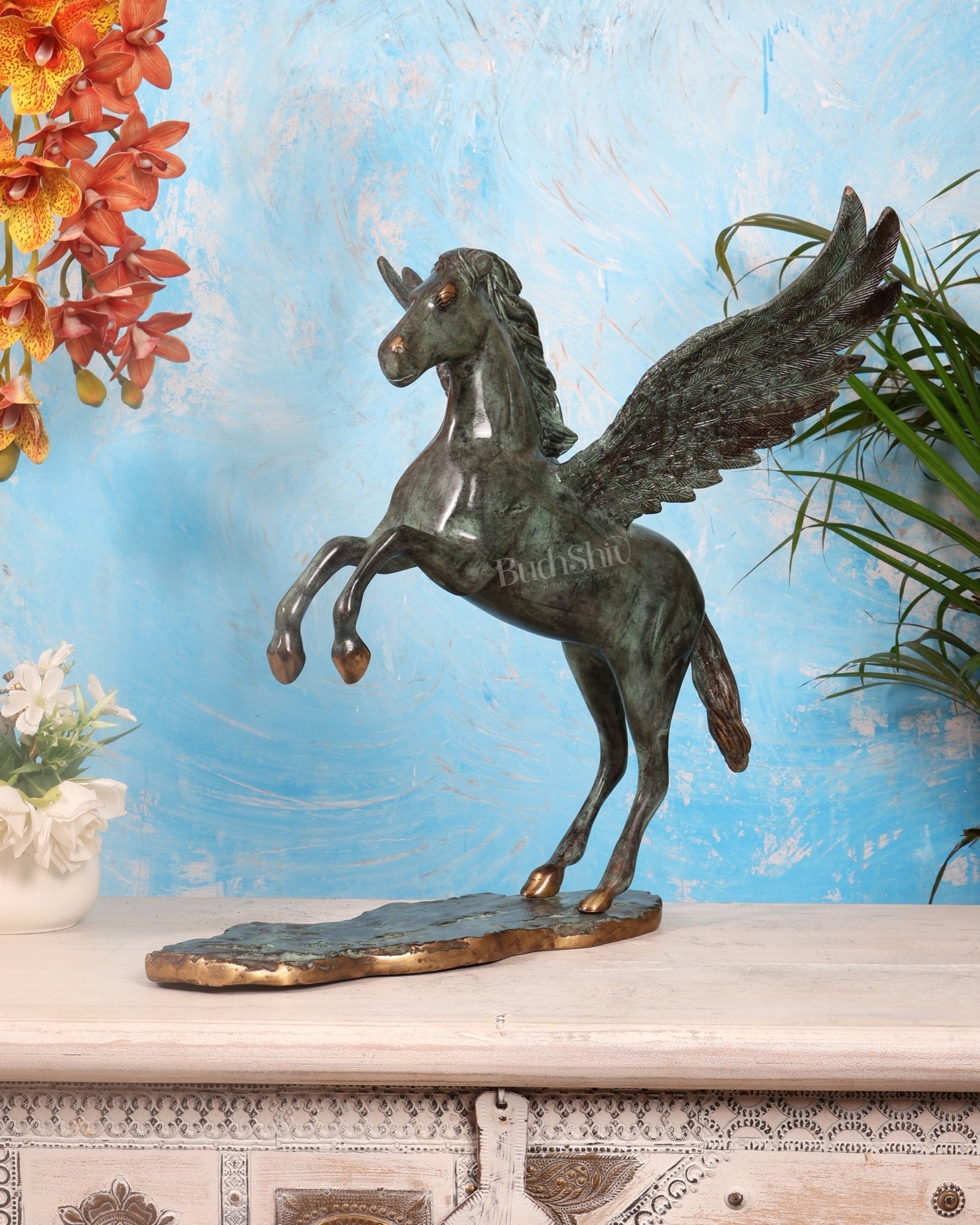 Large Brass Pegasus Flying Horse Sculpture – Green Patina Mythological Decor Artefact 16.5" - Budhshiv.com