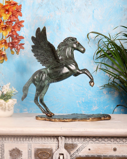 Large Brass Pegasus Flying Horse Sculpture – Green Patina Mythological Decor Artefact 16.5" - Budhshiv.com