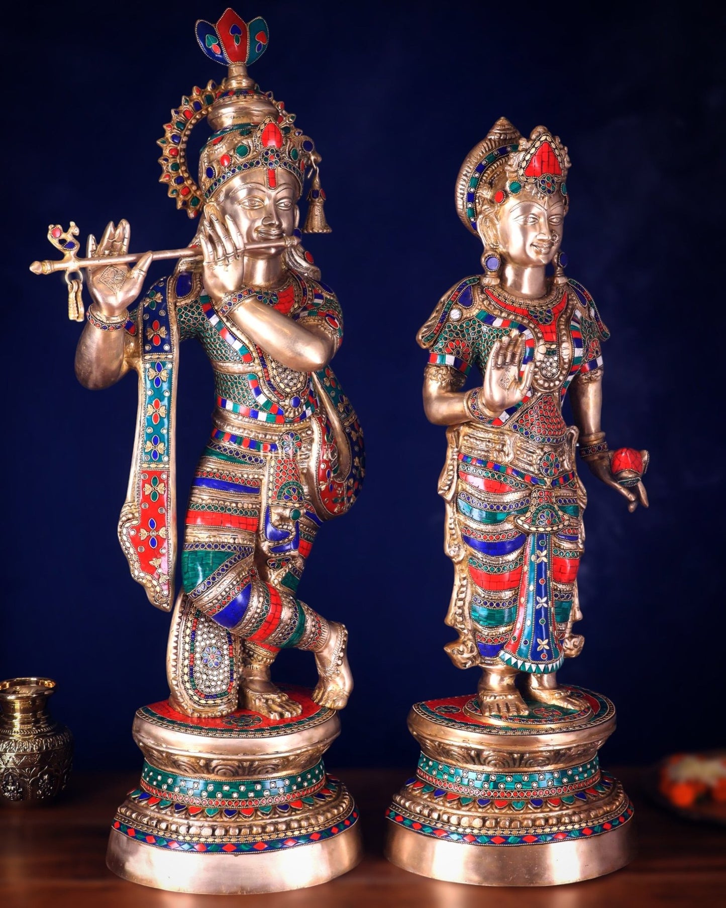 Large Brass Radha Krishna Statues - 36" Height, stonework - Budhshiv.com