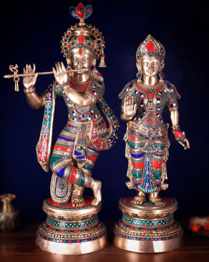 Large Brass Radha Krishna Statues - 36" Height, stonework - Budhshiv.com