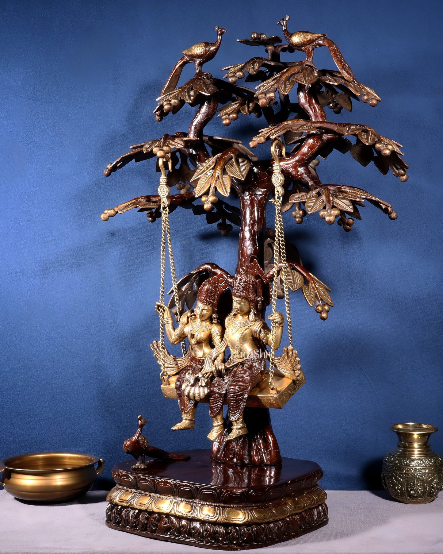 Large Brass Radha Krishna Swing with Kalpavriksha tree Brown - Gold Finish 3 feet - Budhshiv.com