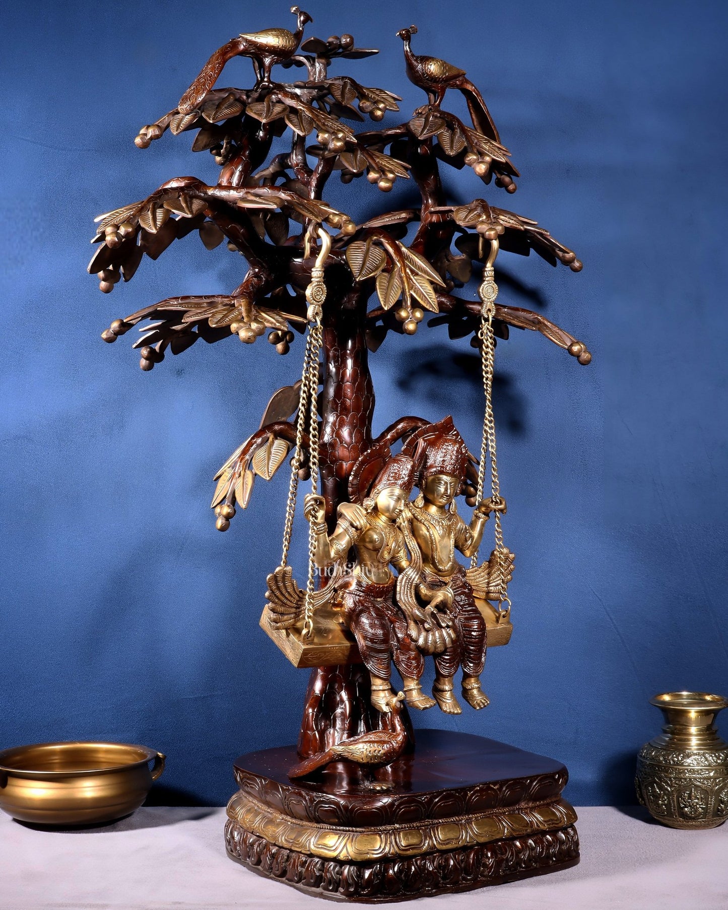 Large Brass Radha Krishna Swing with Kalpavriksha tree Brown - Gold Finish 3 feet - Budhshiv.com