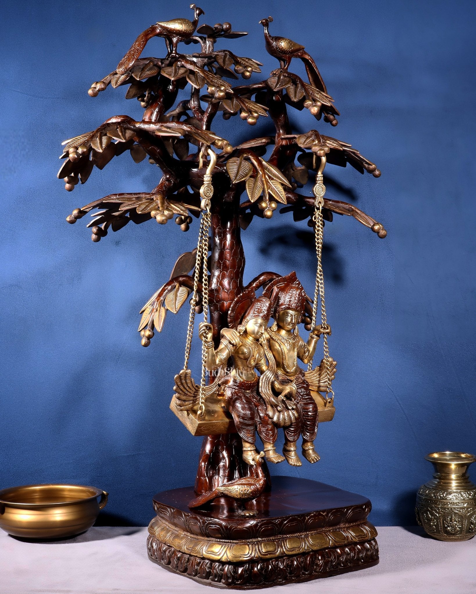 Large Brass Radha Krishna Swing with Kalpavriksha tree Brown - Gold Finish 3 feet - Budhshiv.com