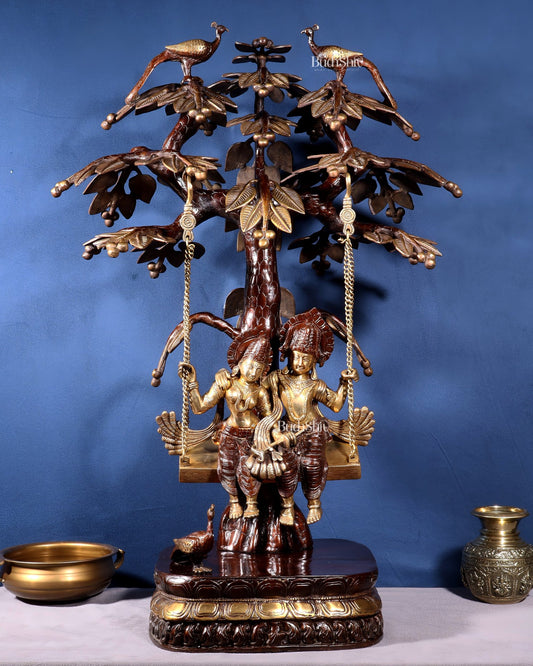 Large Brass Radha Krishna Swing with Kalpavriksha tree Brown - Gold Finish 3 feet - Budhshiv.com