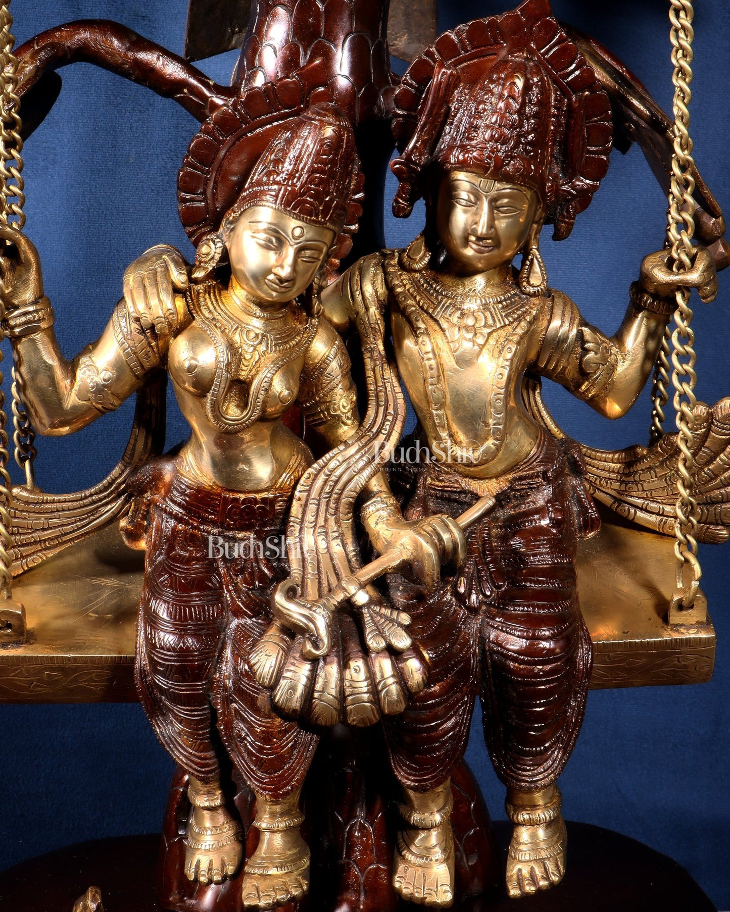 Large Brass Radha Krishna Swing with Kalpavriksha tree Brown - Gold Finish 3 feet - Budhshiv.com