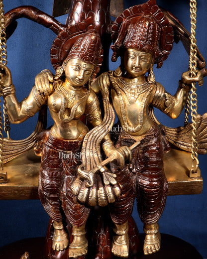 Large Brass Radha Krishna Swing with Kalpavriksha tree Brown - Gold Finish 3 feet - Budhshiv.com