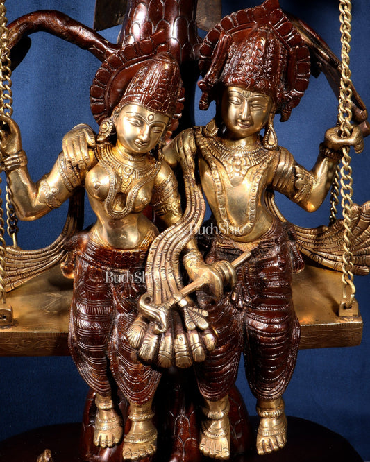 Large Brass Radha Krishna Swing with Kalpavriksha tree Brown - Gold Finish 3 feet - Budhshiv.com