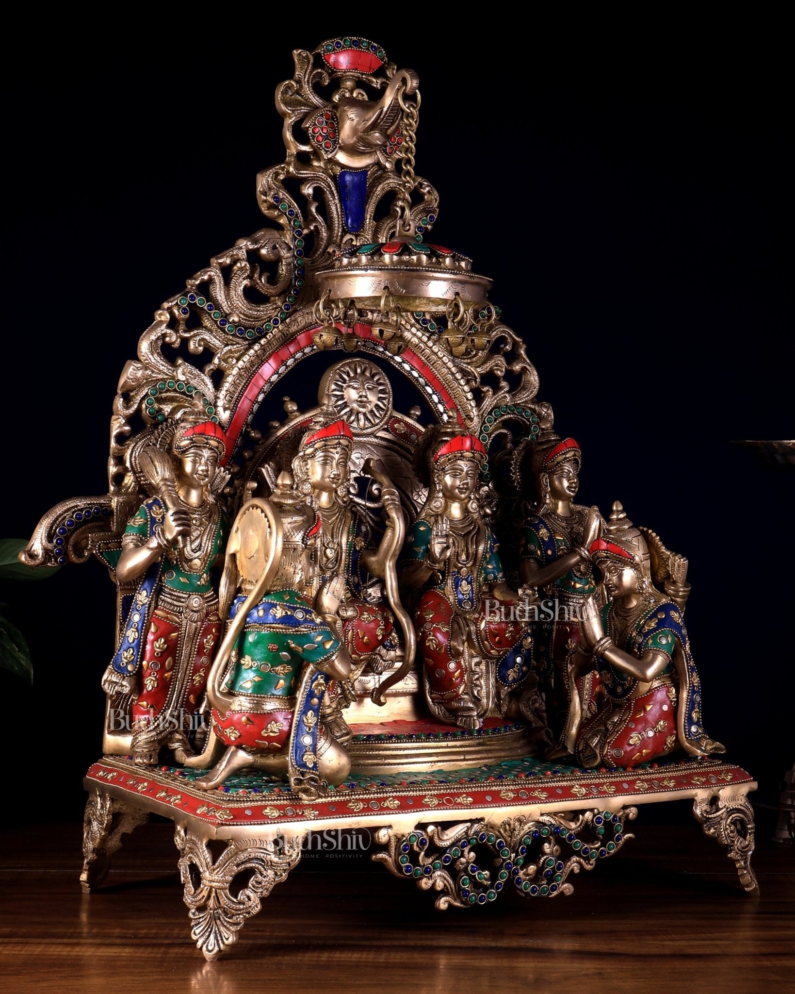 Large Brass Ram Darbar sitting Idol |(Ramapatabhishekam) 23" meenakari Stonework - Budhshiv.com