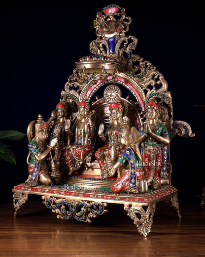 Large Brass Ram Darbar sitting Idol |(Ramapatabhishekam) 23" meenakari Stonework - Budhshiv.com