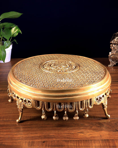 Large Brass Round Chowki with Floral Design and Ghungroos 13.6 inch - Budhshiv.com