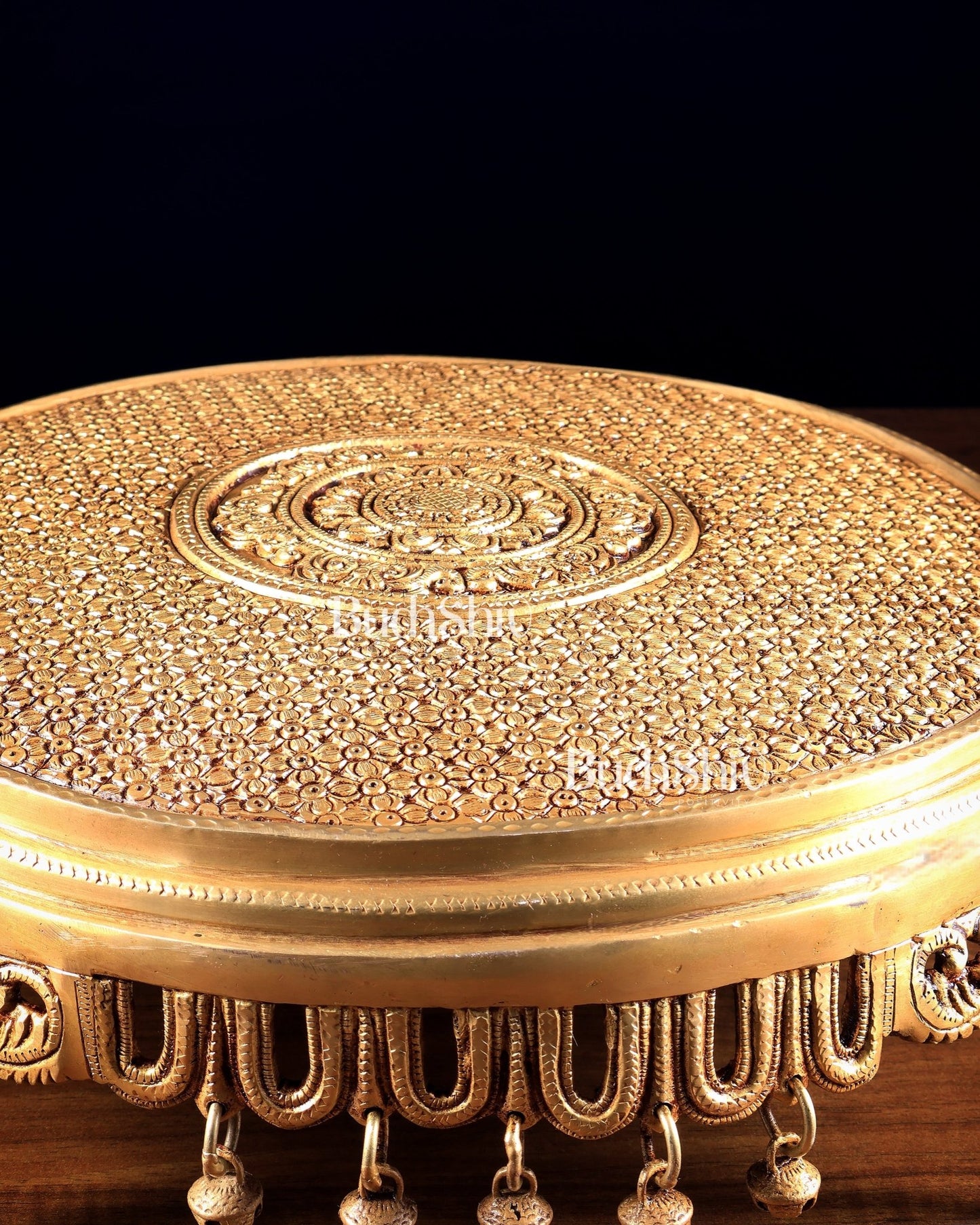 Large Brass Round Chowki with Floral Design and Ghungroos 13.6 inch - Budhshiv.com