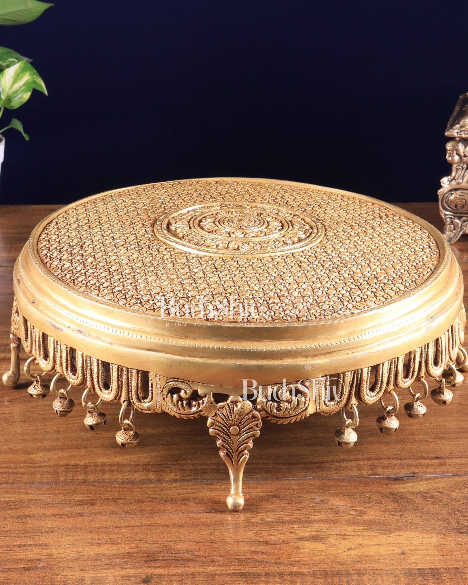 Large Brass Round Chowki with Floral Design and Ghungroos 13.6 inch - Budhshiv.com