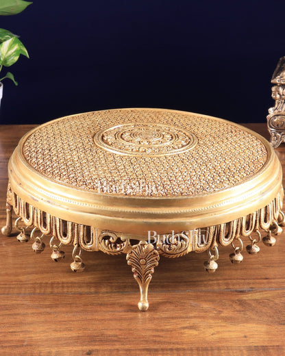 Large Brass Round Chowki with Floral Design and Ghungroos 13.6 inch - Budhshiv.com