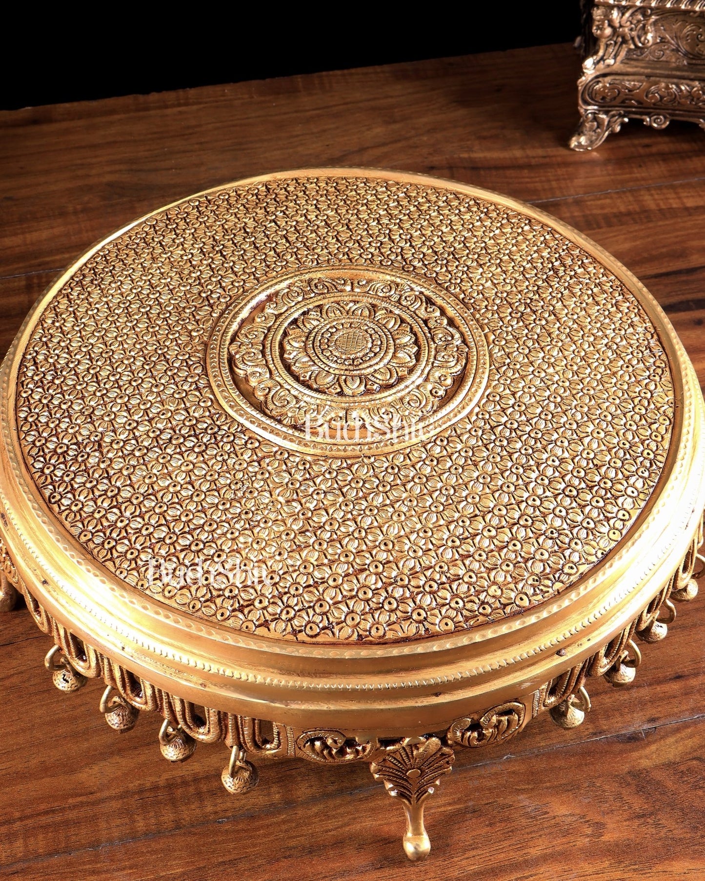 Large Brass Round Chowki with Floral Design and Ghungroos 13.6 inch - Budhshiv.com