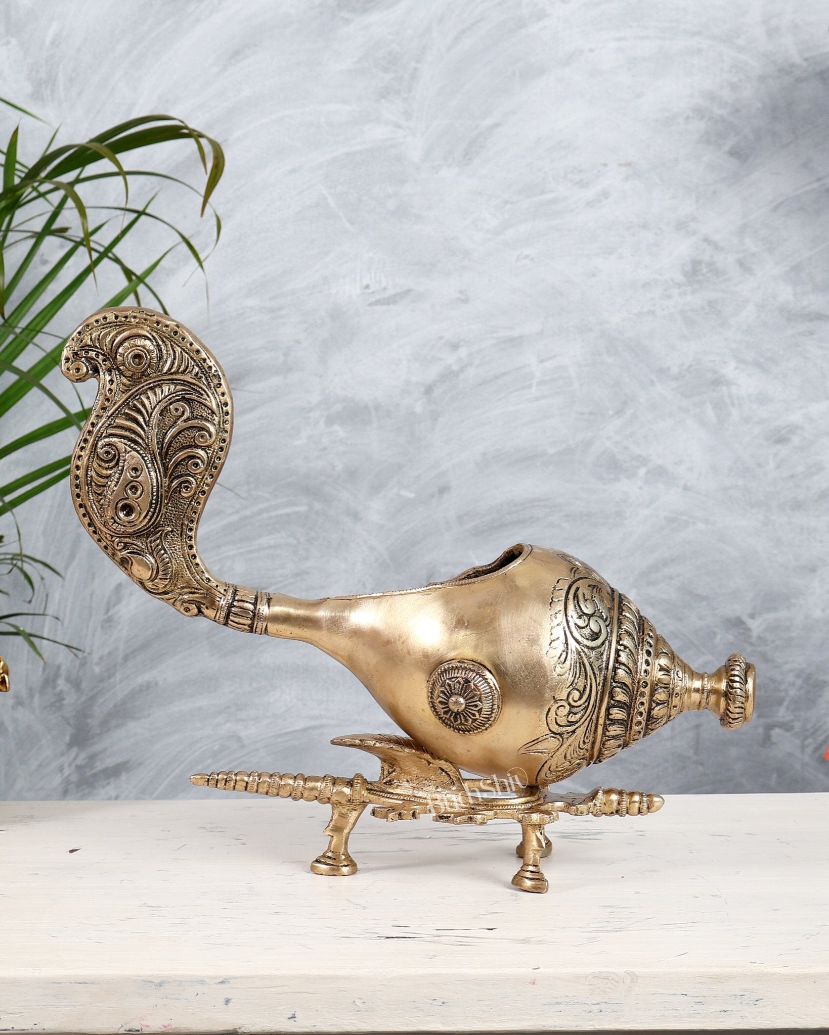 Large Brass Shankh Kala Gurjari Conch with Stand | Vastu Auspicious Spiritual Showpiece - Budhshiv.com