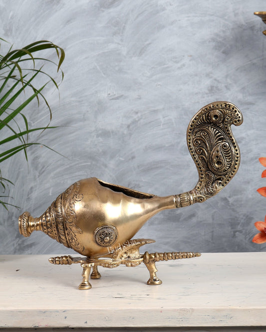 Large Brass Shankh Kala Gurjari Conch with Stand | Vastu Auspicious Spiritual Showpiece - Budhshiv.com