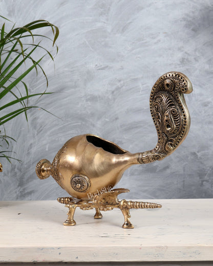 Large Brass Shankh Kala Gurjari Conch with Stand | Vastu Auspicious Spiritual Showpiece - Budhshiv.com