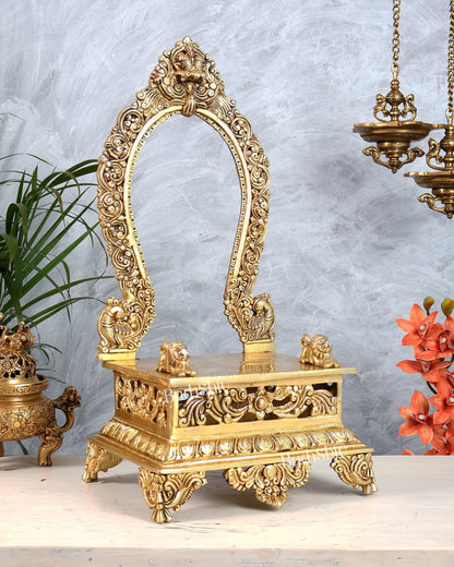 Large Brass Singhasan with Kirtimukha Prabhavali & Seated Lions | Temple Throne for God Idols 20.5" - Budhshiv.com