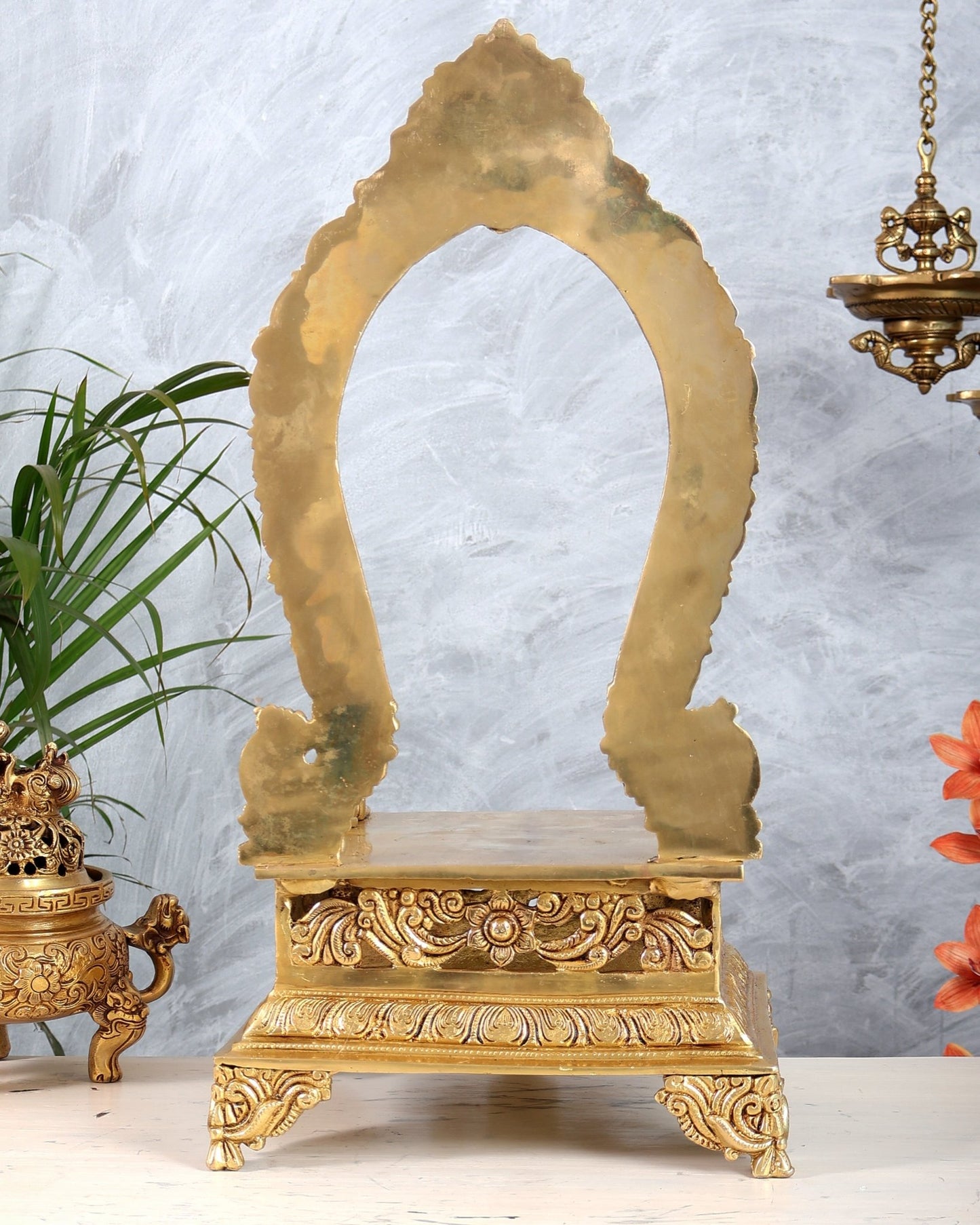 Large Brass Singhasan with Kirtimukha Prabhavali & Seated Lions | Temple Throne for God Idols 20.5" - Budhshiv.com