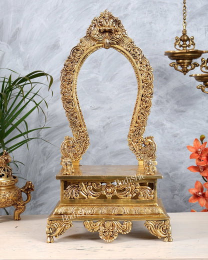 Large Brass Singhasan with Kirtimukha Prabhavali & Seated Lions | Temple Throne for God Idols 20.5" - Budhshiv.com