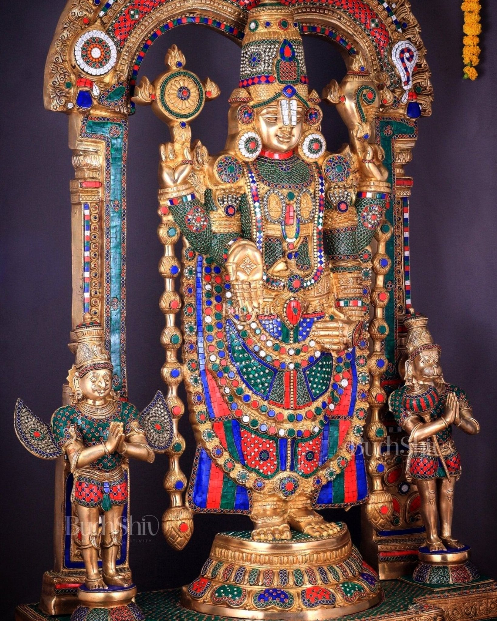 Large Brass Tirupati Balaji Sculpture 60" Lord Venkateshwara darbar - Budhshiv.com