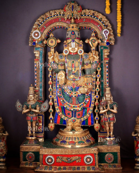 Large Brass Tirupati Balaji Sculpture 60" Lord Venkateshwara darbar - Budhshiv.com
