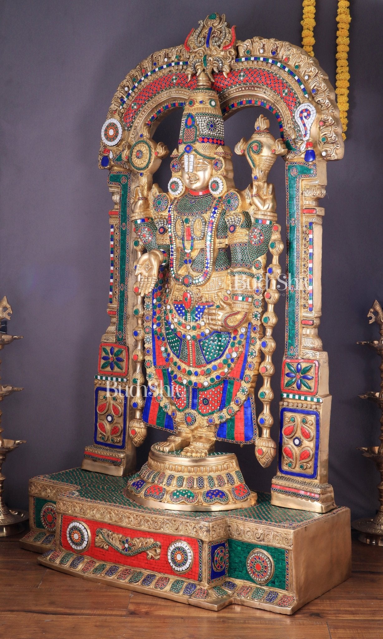 Large Brass Tirupati Balaji Sculpture with Kirtimukha Thiruvarchi Prabhavali 60" - Budhshiv.com