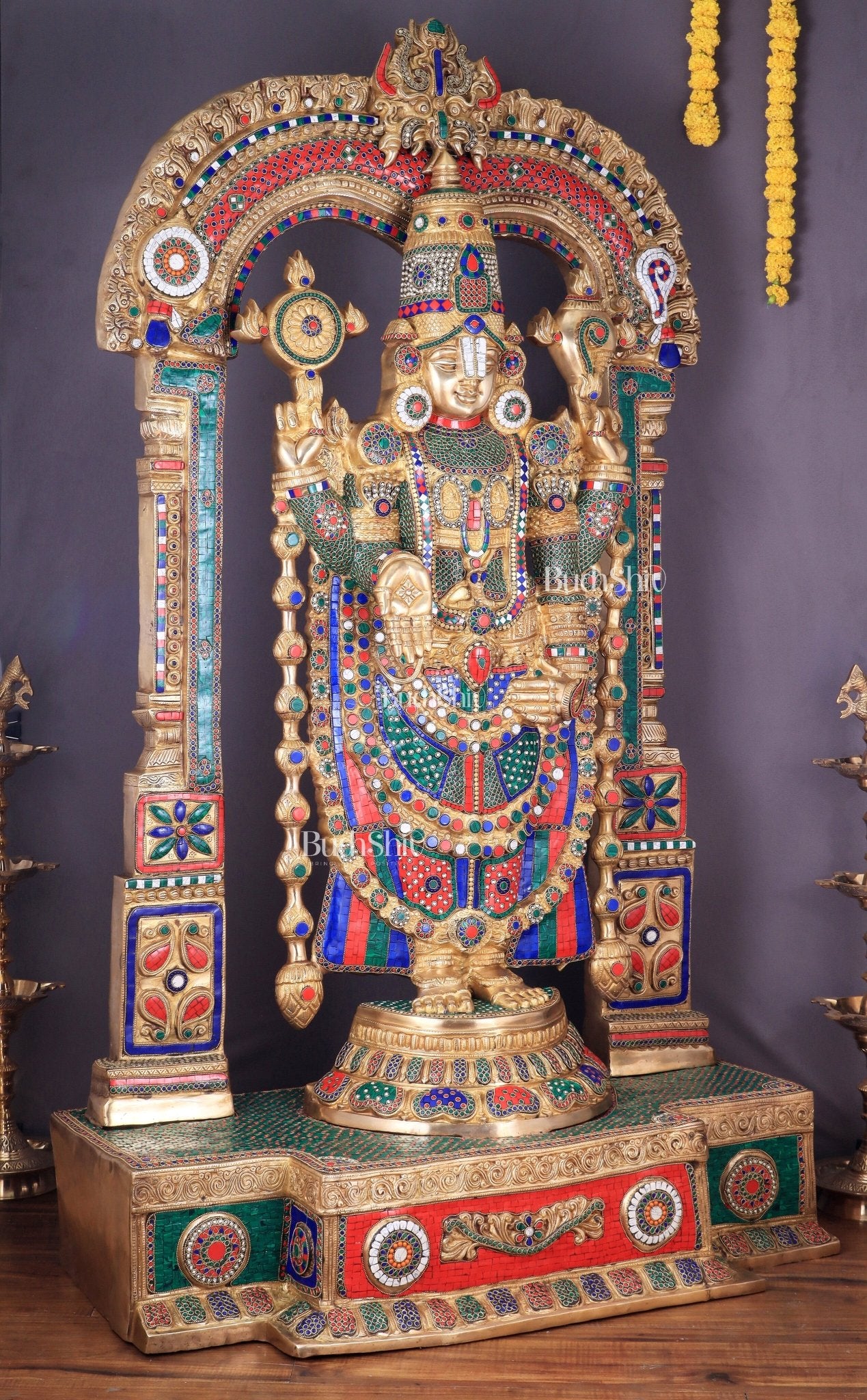 Large Brass Tirupati Balaji Sculpture with Kirtimukha Thiruvarchi Prabhavali 60" - Budhshiv.com