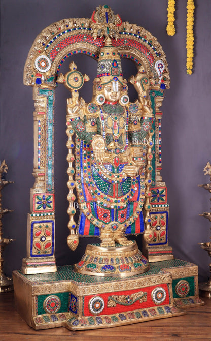 Large Brass Tirupati Balaji Sculpture with Kirtimukha Thiruvarchi Prabhavali 60" - Budhshiv.com