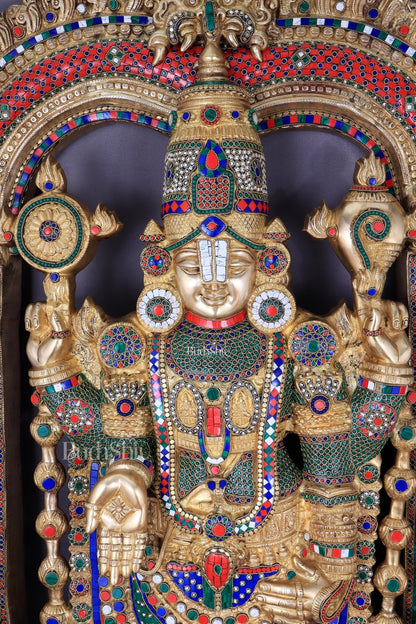 Large Brass Tirupati Balaji Sculpture with Kirtimukha Thiruvarchi Prabhavali 60" - Budhshiv.com