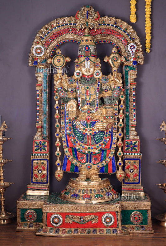 Large Brass Tirupati Balaji Sculpture with Kirtimukha Thiruvarchi Prabhavali 60" - Budhshiv.com