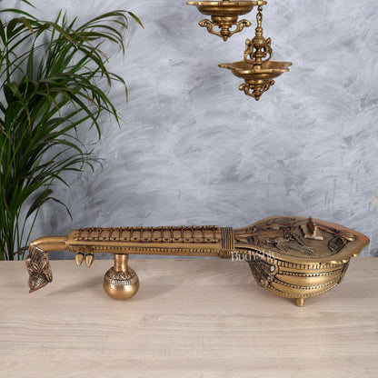 Large Brass Veena Showpiece | Saraswati Instrument Décor for Home & Office 20" - Budhshiv.com