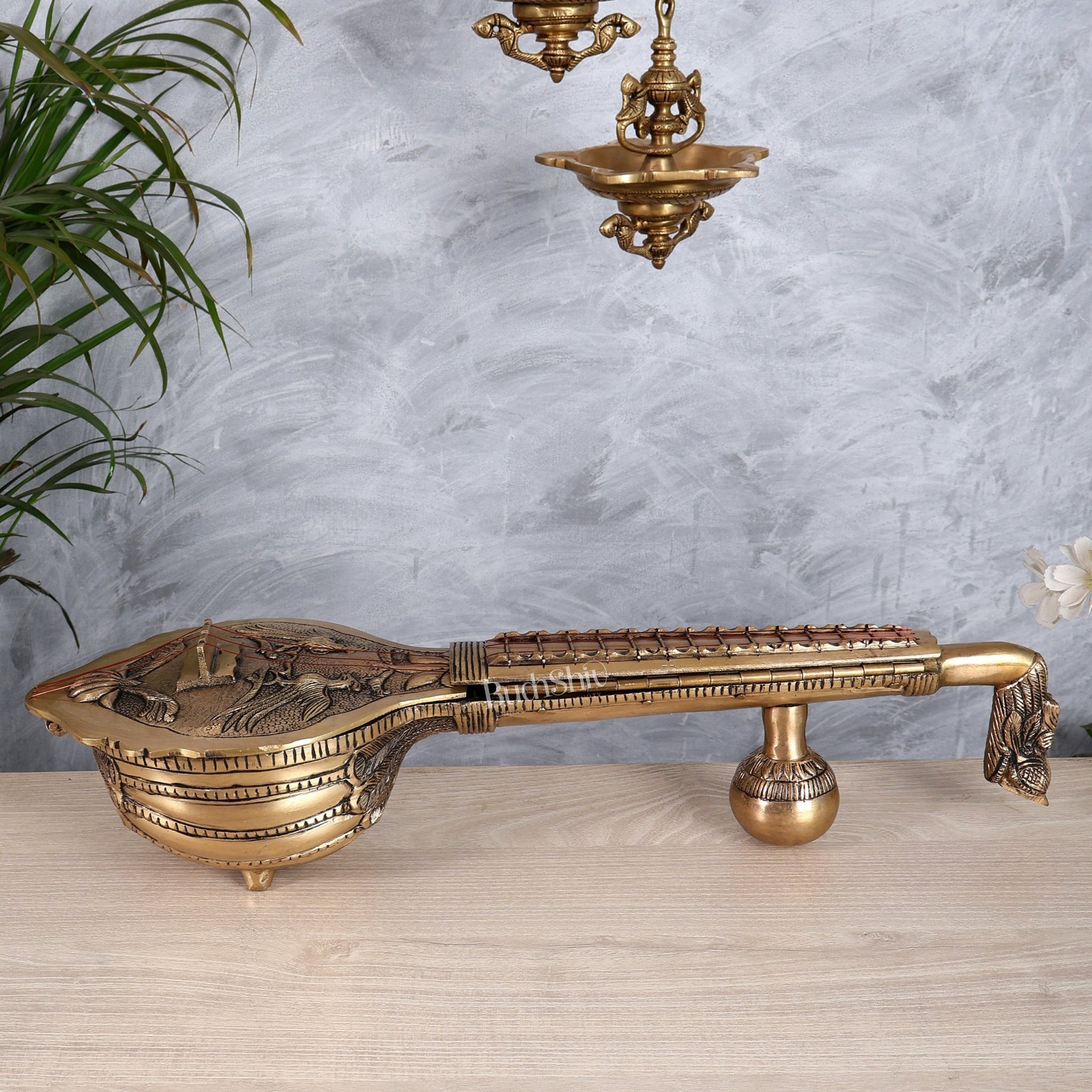Large Brass Veena Showpiece | Saraswati Instrument Décor for Home & Office 20" - Budhshiv.com