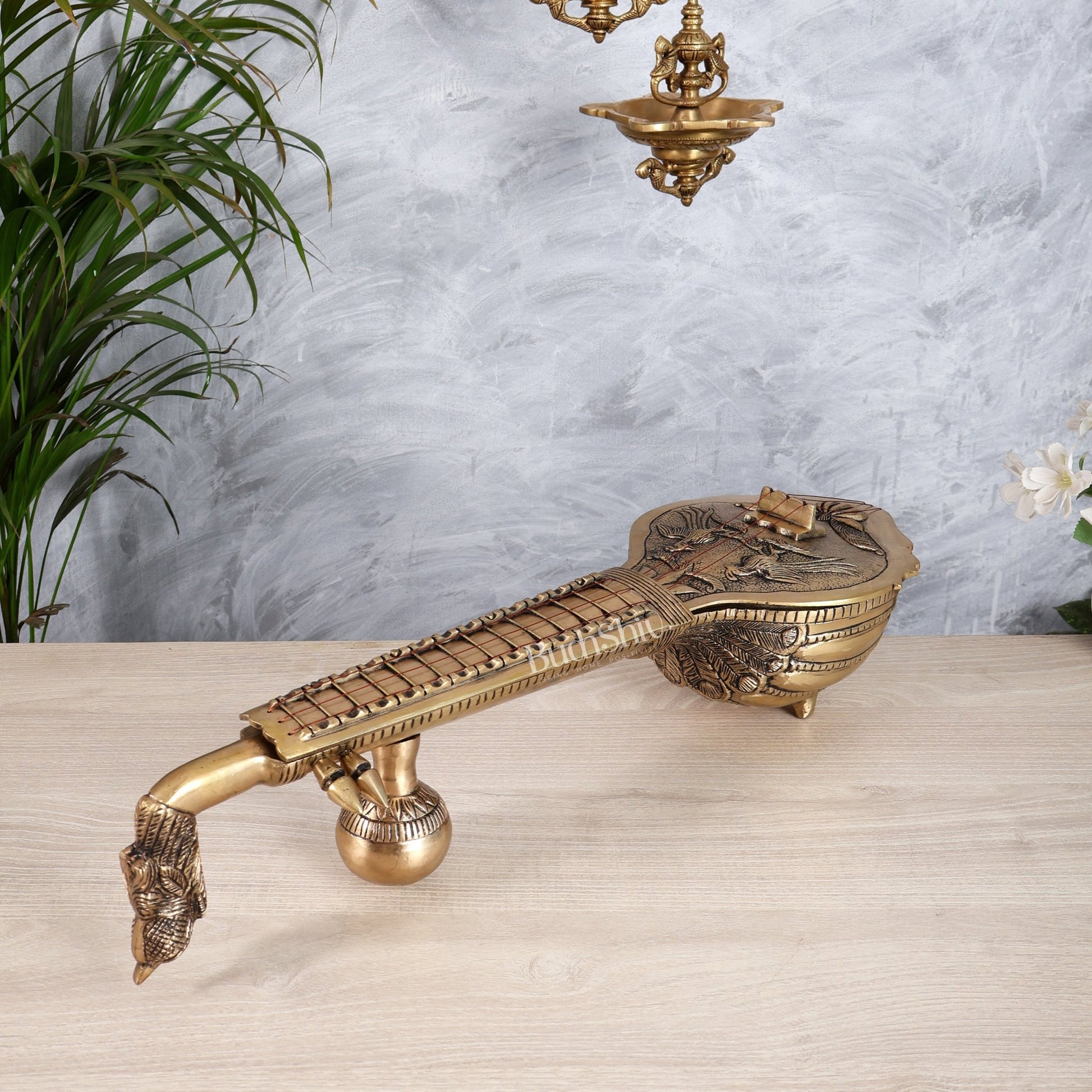 Large Brass Veena Showpiece | Saraswati Instrument Décor for Home & Office 20" - Budhshiv.com