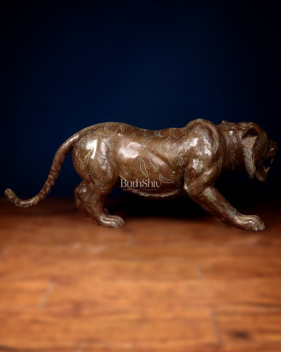 Large Bronze Tiger Sculpture – Majestic Artwork, 19"x53"x13 - Budhshiv.com