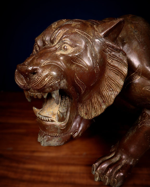 Large Bronze Tiger Sculpture – Majestic Artwork, 19"x53"x13 - Budhshiv.com