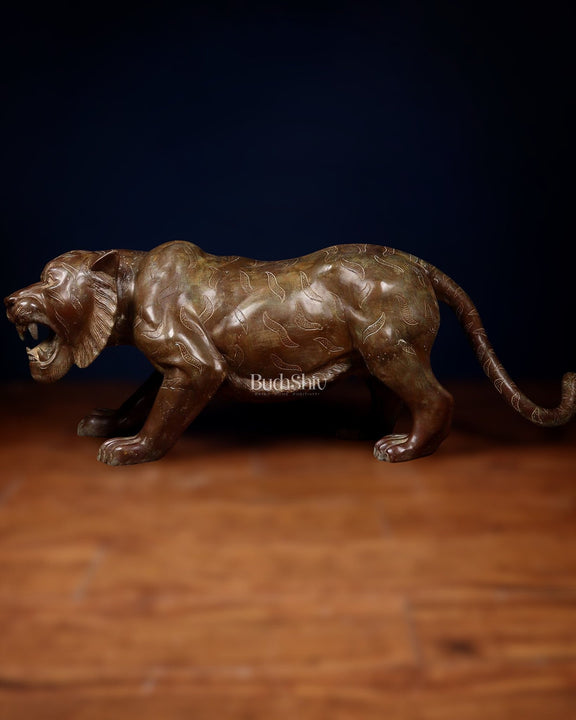 Large Bronze Tiger Sculpture – Majestic Artwork, 19"x53"x13 - Budhshiv.com