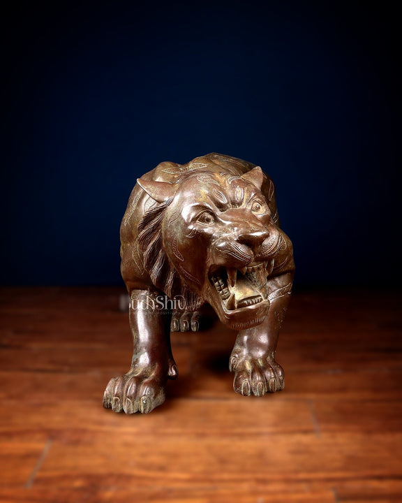 Large Bronze Tiger Sculpture – Majestic Artwork, 19"x53"x13 - Budhshiv.com